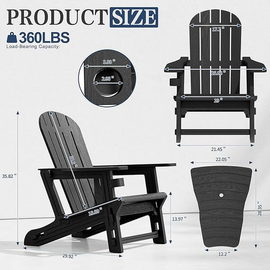 Vongrasig Adirondack Chairs Set of 2 with Removable Tabletop, All-Weather HDPE Outdoor Chair Set with Wooden Textured, Cup Holder for Patio, Poolside, Deck, Garden, Black