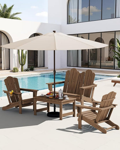 SERWALL 4 Pieces HDPE Patio Adirondack Chair Set, 2 Adirondack Chair with Cup Holder & 1 Adirondack Bench & 1 Coffee Table with Umbrella Hole, Brown