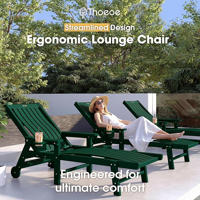 THOEOE Patio Chaise Lounge Chair, Oversized Lounge Chair Outdoor with 5 Positions, HDPE, Patio Lounge Chair with Wheels & Cup Holder for Pool, Deck, Poolside,Green
