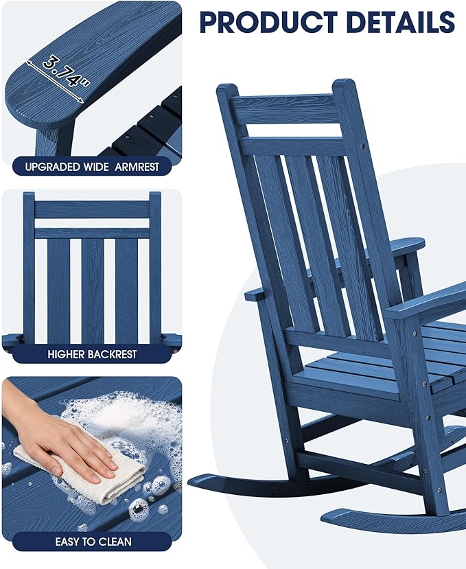 KINGYES Outdoor Rocking Chair, All-Weather Oversized Patio Rocking Chairs for Porch, Navy