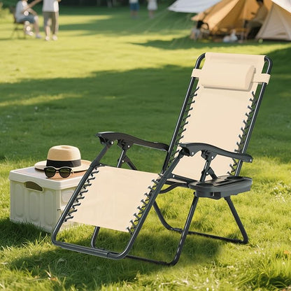 Zero Gravity Chair, Portable Outdoor Chair, Reclining Patio Lounge Chair with Adjustable Pillow and Cup Holder Trays for Outdoor, Patio, Beach, Camping, Garden, Poolside, Beige