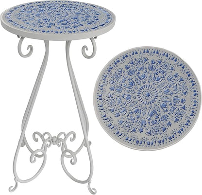 Outdoor Side Table & Mosaic Plant Stand, 14" Ceramic Tile Top Round End Table Accent Table, Indoor Outdoor Coffee Tea Table for Yard Porch Garden Patio Living Room Bedroom (Blue, 14 Inch)