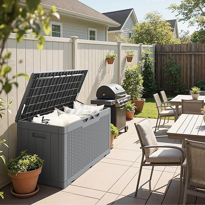 Greesum 100 Gallon Resin Deck Box Large Outdoor Storage Boxes with Cushions for Garden Tools, Patio Furniture Pillows - Photo 3