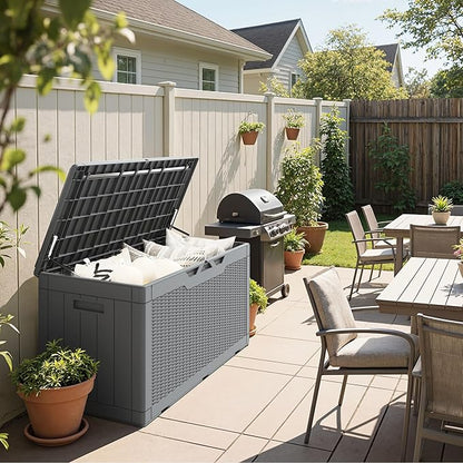 Greesum 100 Gallon Resin Deck Box Large Outdoor Storage Boxes with Cushions for Garden Tools, Patio Furniture Pillows, Pool Supplies, Gray