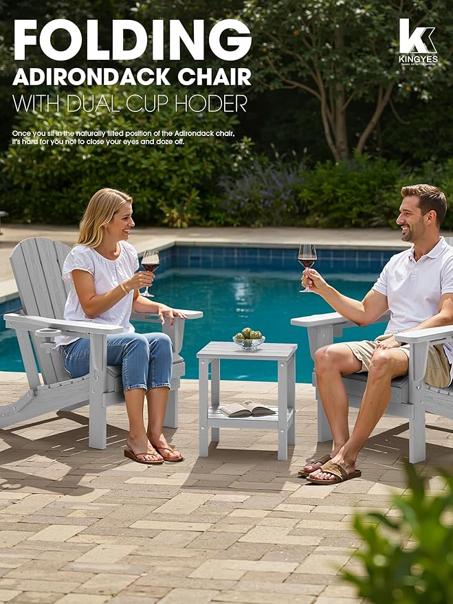 KINGYES Folding Adirondack Chair Set of 2, Dual Cup Holders & All-Weather HDPE, Wood-Like Patio Chair for Backyard, Camping, Pool & Fire Pit, Silver Grey