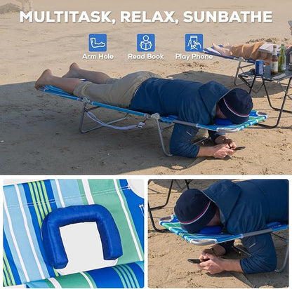 Romswi 2PK Folding Tanning Beach Chair with Face Hole, 5-Position Reclining Sun Lounger, Portable Face Down Tanning Chair with Arm Holes & Side Pocket for Beach, Pool, Patio, Teal and Aqua Stripe