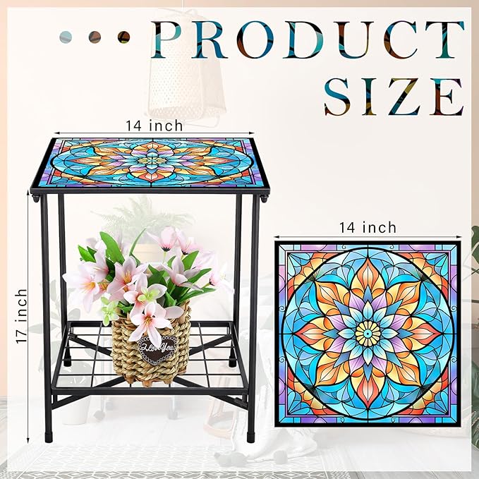 Outdoor Side Table 2-Tier Storage Square Small Mosaic Patio Accent Indoor End Plant Coffee Tea Table for Yard Patio Porch Garden Living Room, Bedroom(Mandala Style)