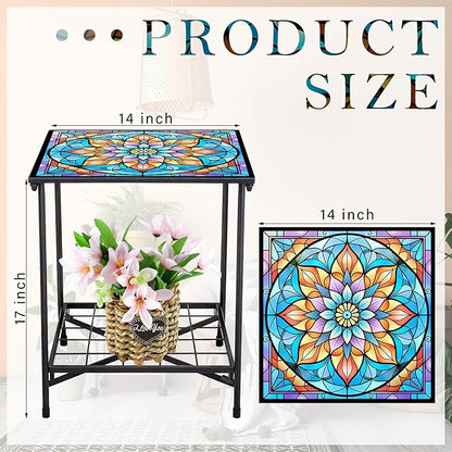 Outdoor Side Table 2-Tier Storage Square Small Mosaic Patio Accent Indoor End Plant Coffee Tea Table for Yard Patio Porch Garden Living Room, Bedroom(Mandala Style)