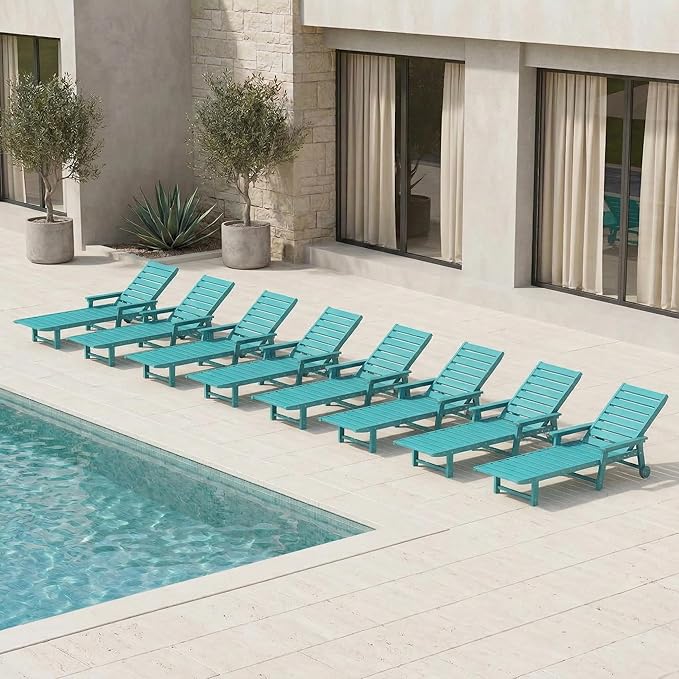 5-Position Adjustable Lounge Chair Outdoor Set of 8, HDPE Outdoor Chaise Lounge with Cup Holder & Wheels, Pool Lounge Chairs for Poolside, Beach, Deck, Aruba Blue