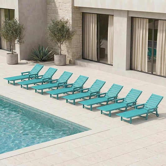 5-Position Adjustable Lounge Chair Outdoor Set of 8, HDPE Outdoor Chaise Lounge with Cup Holder & Wheels, Pool Lounge Chairs for Poolside, Beach, Deck, Aruba Blue