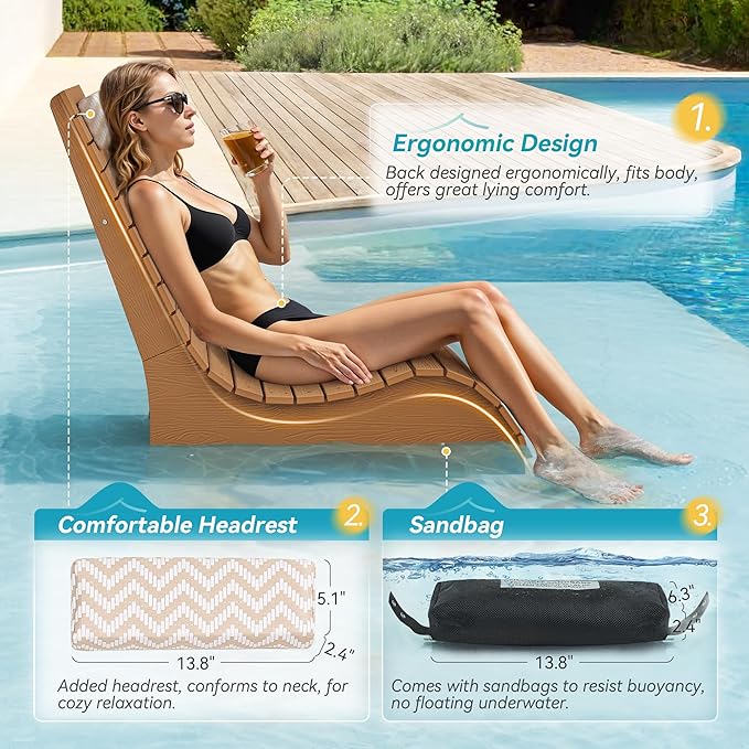 HDPS Pool Lounge Chairs Set of 2, Use in Pools Lounge Chairs up to 10-Inches of Water, Chaise Chairs with Headrest, Lounge Chair Outdoor, Fade-Resistant Pool Lounger for Deck