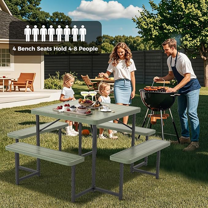 Giantex Picnic Table Bench Set for 4-8 People, 34" Outdoor Square Dining Table & 2 Benches w/Umbrella Hole - Photo 3