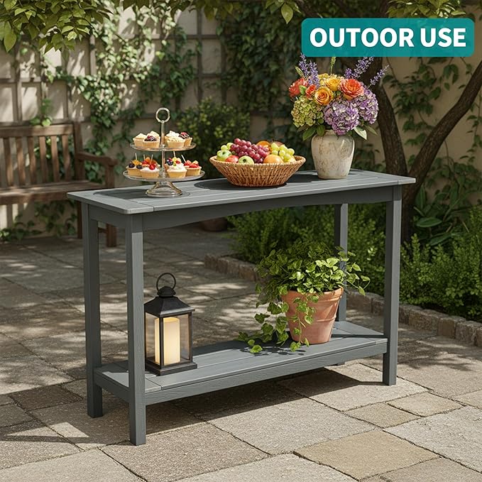 Outdoor Console Table, All-Weather 2-Tier Patio Console Table, Outside Plant Stand Table, Low Maintenance - Photo 8