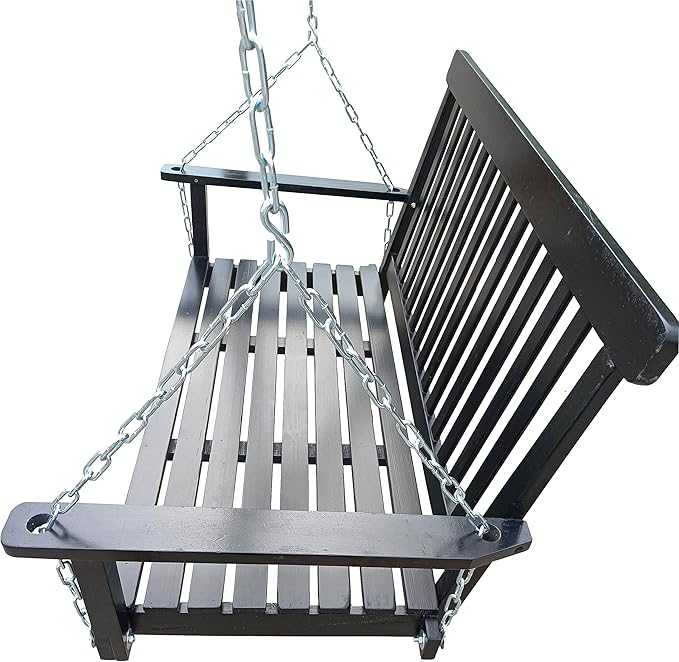 Bellemave Front Porch Swing Wood Hanging Bench with Armrests Outdoor Swing Chair with Chains, for Patio Backyard Poolside Garden Yard Sunroom, Easy to Assemble, Black Wood