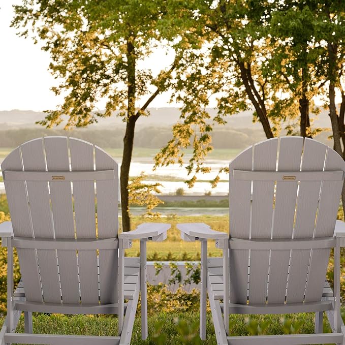 Adirondack Chairs Set of 4, All Weather Resistant Plastic Chairs with Cup Holder, 5 Easy Steps to Install, Outdoor Chairs for Patio, Garden, Backyard Deck, Lawn, Fire Pit - Grey