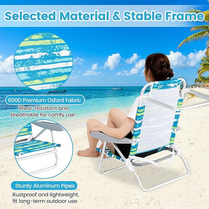 GYMAX Beach Chairs, 2Pcs Folding Camping Chair with Adjustable Backrest, Shoulder Strap, Cup Holder & Headrest, Portable Aluminum Lounger for Tanning, Sunbath, Lawn, Patio (Green, 2 Chairs)