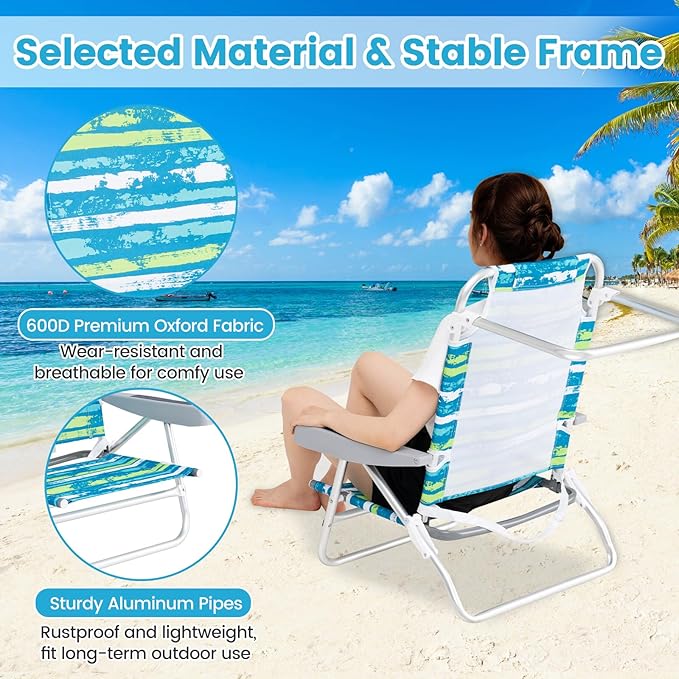 GYMAX Beach Chairs, 4Pcs Folding Camping Chair with Adjustable Backrest, Shoulder Strap, Cup Holder & Headrest, Portable Aluminum Lounger for Tanning, Sunbath, Lawn, Patio (Green, 4 Chairs)