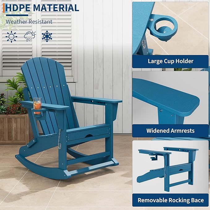 PeakPursuit Adirondack Outdoor Rocking Chairs with Two Cup Holders, HDPE All Weather Outdoor Adirondacks Rocking Chair with Retractable Ottoman