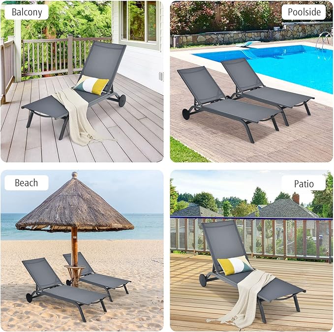 Giantex Patio Chaise Lounges Aluminum Recliner W/Adjustable 6 Backrest Positions and Wheels for Patio Beach Poolside - Photo 9