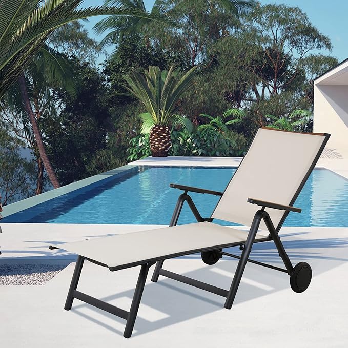 Grand patio Outdoor Chaise Lounge Chair with 6-Position Adjustable Sling Backrest, Aluminum Folding Portable Wood Grain Chair with Wheels for Beach, Backyard, Poolside, Lawn, White