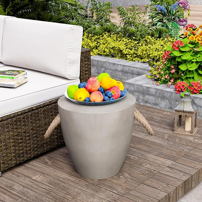 HOMPUS Concrete Outdoor Side Table Sets of, 2 Pieces Drum Accent Light Gray Modern End Table, Round Coffee Table with Rope Handle Garden Stool Decor for Garden, Indoor, Living Room