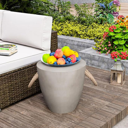 HOMPUS Concrete Outdoor Side Table Sets of, 2 Pieces Drum Accent Light Gray Modern End Table, Round Coffee Table with Rope Handle Garden Stool Decor for Garden, Indoor, Living Room