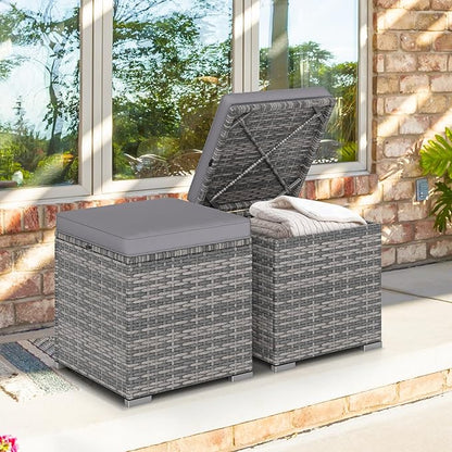 Tangkula 2 Pieces Patio Ottomans, Patiojoy Hand-Woven PE Rattan Side Table with Removable Cushion & Hidden Storage Space, Multifunctional Storage Box, Seat for Patio, Backyard, Poolside (Light Grey)