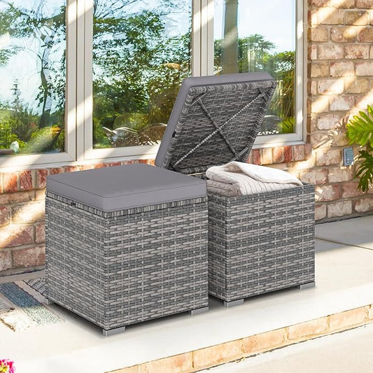 Tangkula 2 Pieces Patio Ottomans, Patiojoy Hand-Woven PE Rattan Side Table with Removable Cushion & Hidden Storage Space, Multifunctional Storage Box, Seat for Patio, Backyard, Poolside (Light Grey)