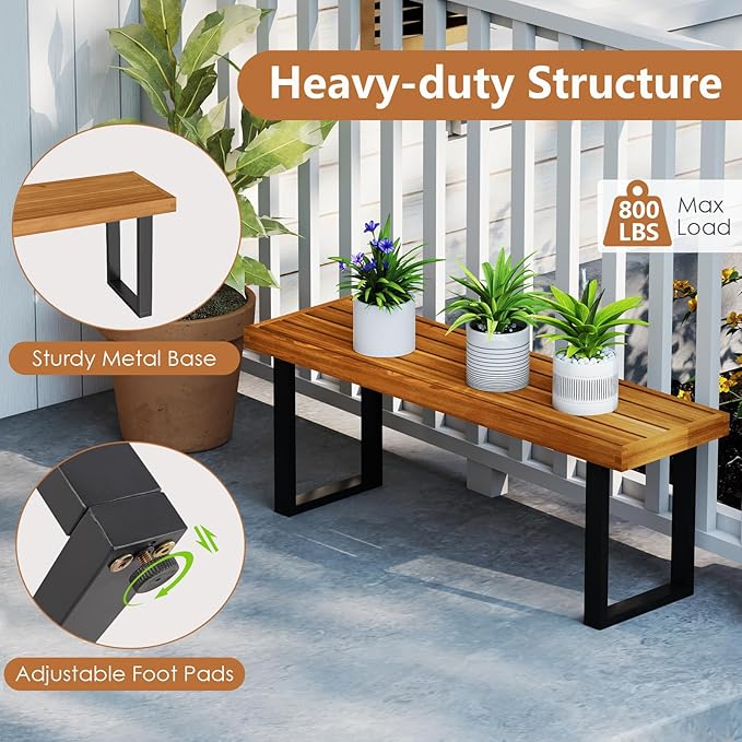 HAPPYGRILL Acacia Wood Bench for 2 People, Outdoor Dining Bench with Metal Legs & Adjustable Foot Pads, for Entryway, Garden, Poolside, Balcony, 800 LBS (1)