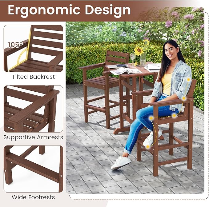 Giantex 29” Bar Stools Set of 4, HDPE Barstools w/Back, Armrests & Footrests, Max Load 330Lbs, Counter Height Bar Stools, Adirondack Chair for Patio Balcony Outdoor Bistro Set, Brown