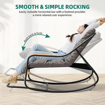 YITAHOME Patio Oversized Rocking Chair Set of 2, Versatile Indoor/Outdoor Textilene Lounge with Soft Thick Cushion, Teak Armrests and Footrest, Idea for Living Room, Porch, or Backyard