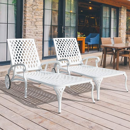 Chaise Lounges Outdoor - Lounge Chairs for Outside Set of 2 Pool Tanning Chair Adjustable Patio Reclining Cast Aluminum for Beach Yard, White