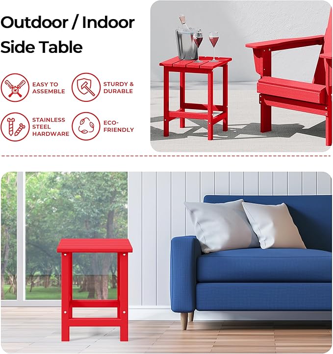 Costaelm Square Outdoor Side Tables, Adirondack Patio Tables for Outside, HDPE Patio End Table Weather Resistant, Balcony Table for Pool, Seaside, Backyard, Porch, Indoor Companion, Red