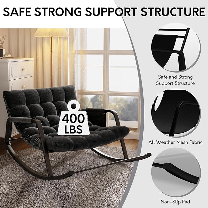 Rocking Papasan Chair, Indoor Outdoor Patio Rocking Chairs, Double Papasan Chair with Cushion, Oversized Modern Rocker Chairs for Living Room, Bedroom, Porch, Garden Black