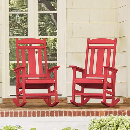 LUE BONA Outdoor Rocking Chairs Set of 4, HDPS Porch Rocker with High Back, Plastic Weather Resistant Rocking Chairs for Outdoor Indoor, Garden, Backyard, 350lb, Bright Red