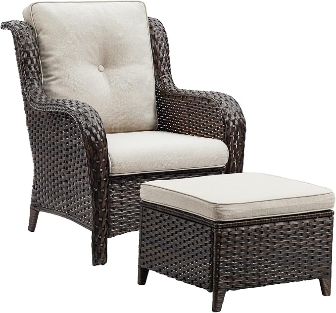HUMMUH 4 Pieces Patio Bistro Set Wicker Patio Chairs Set of 2 with Ottomans Rattan Outdoor Furniture Conversation Set for Yard,Garden,Porch…