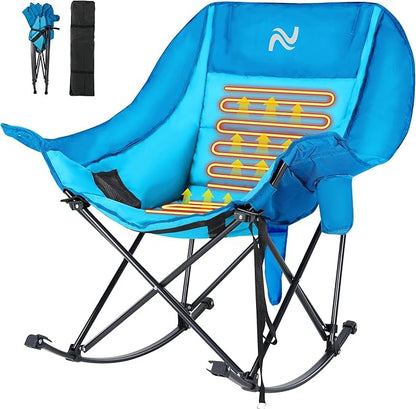 Slsy Oversized Heated Rocking Camping Chair for Adults, 400 lbs Heavy Duty Padded Recliner with Side Pocket, Cup Holder & Carry Bag, Foldable Outdoor Lawn Chair for Patio, Backyard, or Camp
