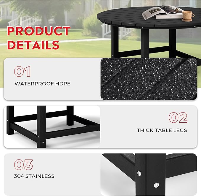 Costaelm Patio Conversation Table, Tatio Accent HDPE Outdoor Weather Resistant, Round Outdoor Porch Balcony Patio Drink Table for Outside, Pool, Backyard, Black
