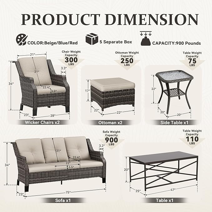 Wicker Patio Furniture Sets, 7 Pieces Outdoor Furniture with Patio Chairs, Outdoor 3-Seater Sofa, Ottoman, Coffee Table - Photo 2