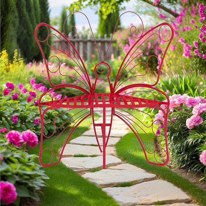 Butterfly Shaped Outdoor Bench, Garden Bench with Sturdy Stable Metal Frame, Outdoor Metal Chair Butterfly Bench for Garden, Yard, Balcony, Lawn. (Red/Small)