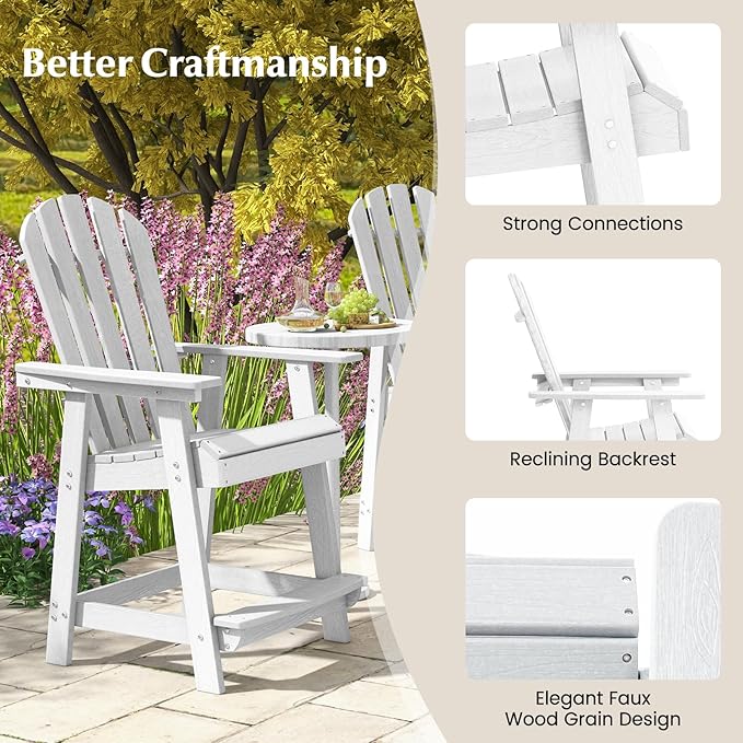 Tangkula Outdoor Bar Stool, HDPE Tall Adirondack Chair with Armrest & Footrest, Weather Resistant 47 Inch Counter Height Barstool Lifeguard Chair for Pool Deck Patio Garden, Balcony Chairs (4, White)