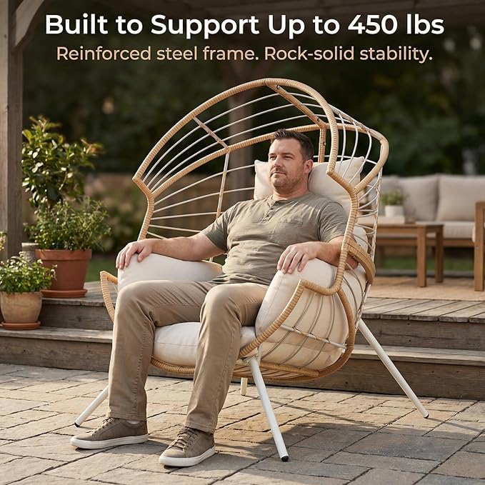 SWITTE Wicker Egg Chair Outdoor Indoor, Oversized Patio Egg Chair with Cushion, Comfy Egg-Shaped Lounge Chair for Balcony, Porch, Living Room, Beige