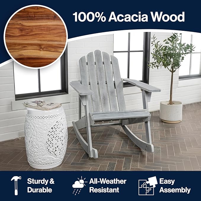 JONATHAN Y PAT1000B Kiawah Outdoor Patio Classic Acacia Wood Adirondack Rocking Chair for Garden, Lawn, Backyard, Pool, Deck, Beach, Firepit, Gray