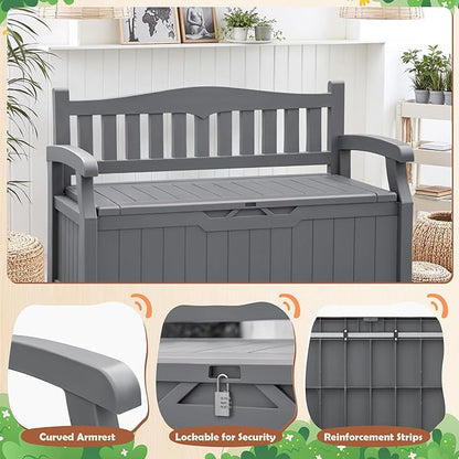 JUMMICO 80 Gallon Resin Outdoor Storage Bench, Large Deck Box with Armrest, Lockable&Waterproof for Garden, Home, Patio, Pools (Grey, 80 Gallon)