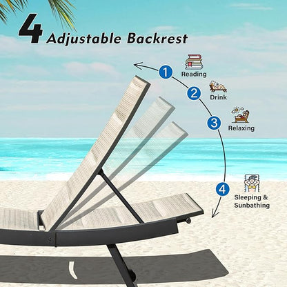 Domi Outdoor Chaise Lounge Set of 2, Aluminum Patio Lounge Chairs with Wheels, Pool Lounge Chair Oversized Lounger for Patio Pool Beach Sunbathing, Beige