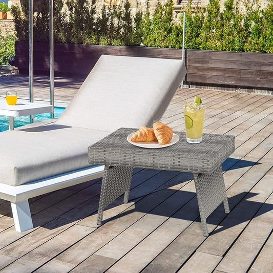 GOFLAME Wicker Table Patio Outdoor Poolside Garden Lawn Bistro Foldable Portable Leisure Standing Coffee Side Table, Grey