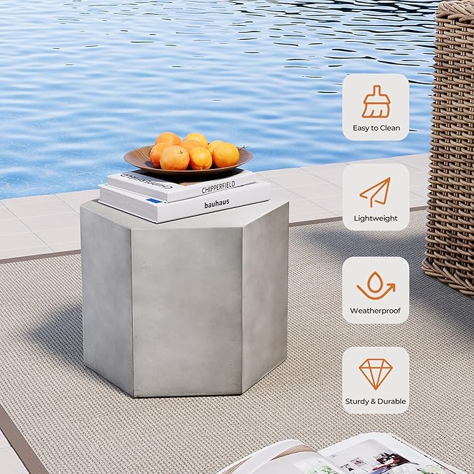 HOMPUS Concrete Side Table, Hexagon Outdoor Side Table, Modular Design Accent Table, Indoor Patio End Table, Light Grey Home Décor for Living Room, Bedroom or Backyard (14.5" L x 12.5" W x12 H)
