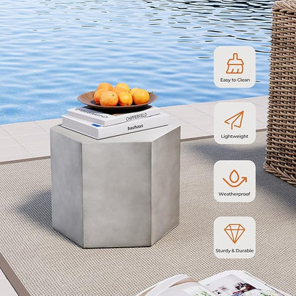 HOMPUS Concrete Side Table, Hexagon Outdoor Side Table, Modular Design Accent Table, Indoor Patio End Table, Light Grey Home Décor for Living Room, Bedroom or Backyard (14.5" L x 12.5" W x12 H)
