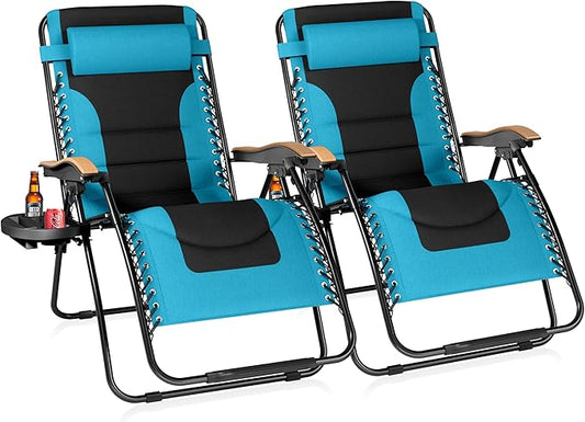 Sophia & William Oversized XXL Zero Gravity Chair Set of 2 Padded Adjustable Folding Reclining Lounge Chair Outdoor Gravity Chair with Wide Armrest and Cup Holder, Support 400 LBS, Aqua