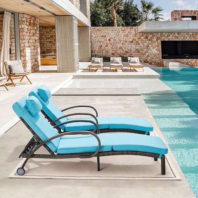 Pool Outdoor Lounge Chairs Set of 2,Outdoor Chaise Lounge w/ 5 Adjustable Back,Wicker Patio Pool Lounge Chair with Wheels for Poolside Deck Lawn,Lake Blue